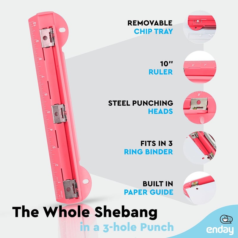 Enday 3 Hole Punch Pink, Portable Hole Puncher for 3 Ring Binder, 3 Sheets Capacity, Removable Chip Tray, 10” Ruler for School, Office, Also Available in Purple, Blue, Green, Red, Grey, 1 Pc-by - Image 3